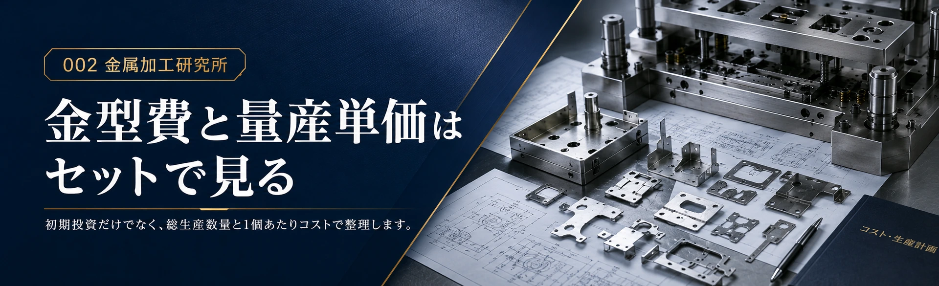 金型費と量産単価の関係、総コストで見るプレス加工の採算性を示した金属質感の図解