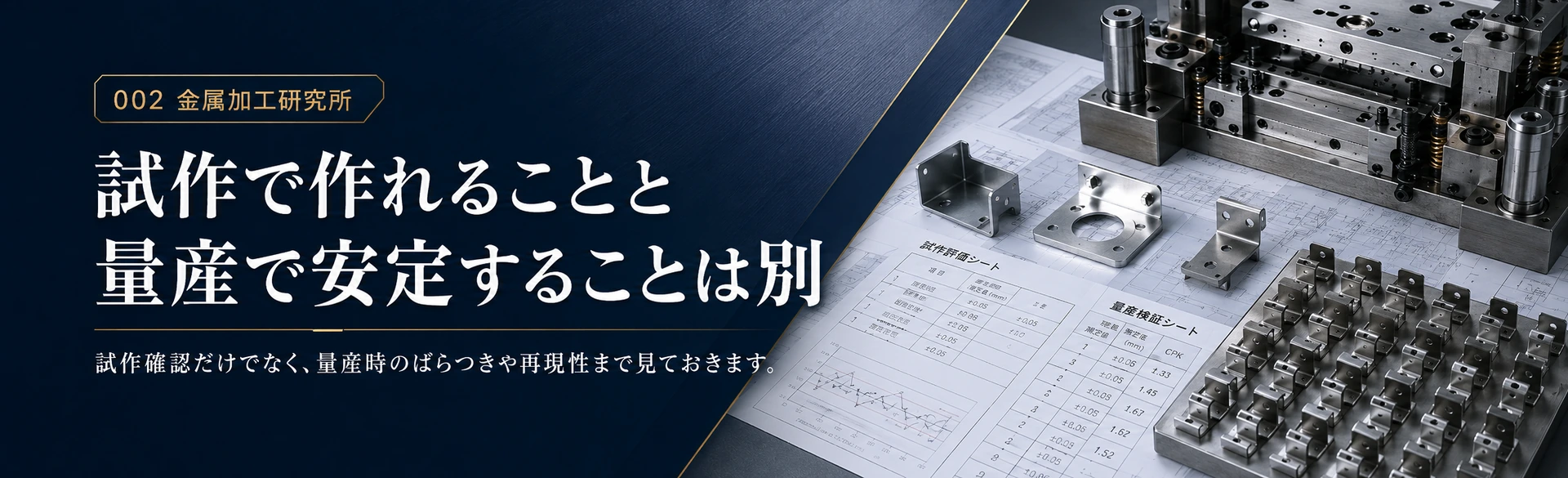 試作と量産でプレス加工の評価項目が変わることを示した金属質感の図解