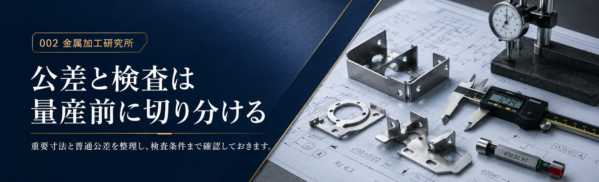 プレス加工品の公差と検査条件を量産前に切り分けることを示した金属質感の図解