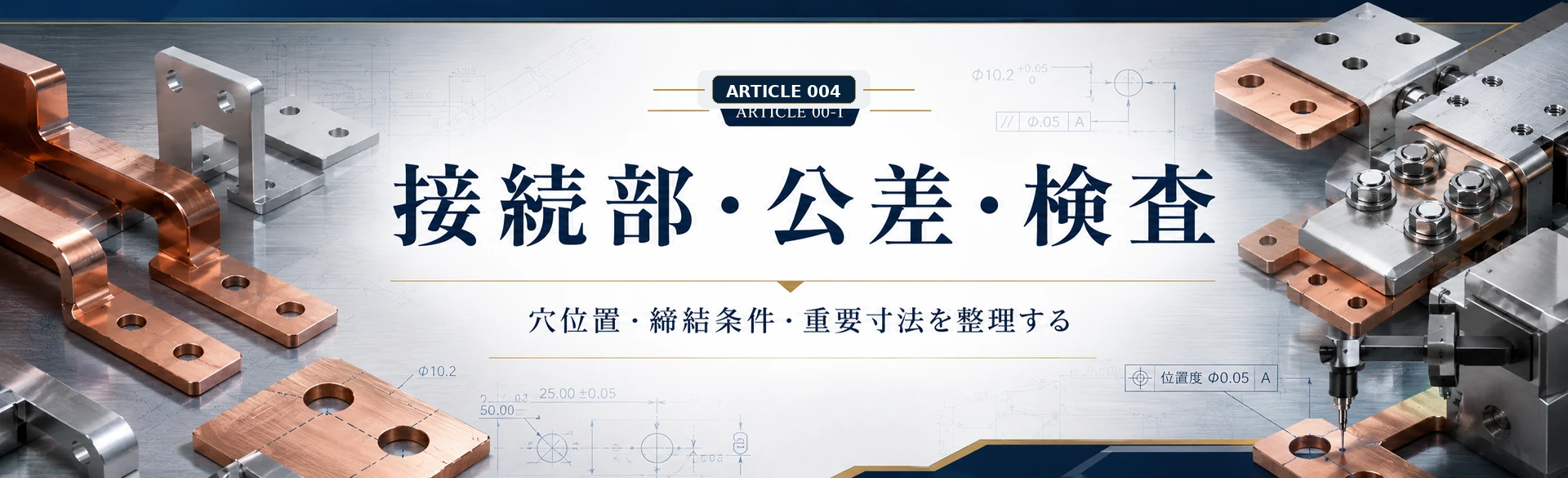 接続部・穴位置・締結と公差・検査をバスバー加工で確認することを示した金属質感の図解