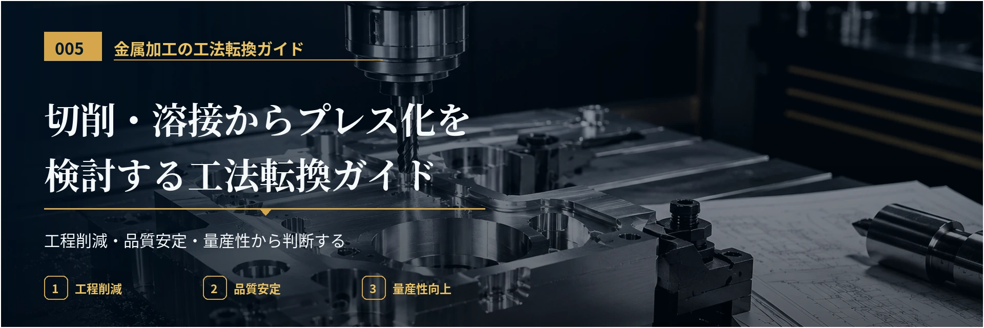 切削・溶接からプレス化へ工法転換を検討する際の工程削減、部品一体化、量産性、品質安定を示した図解